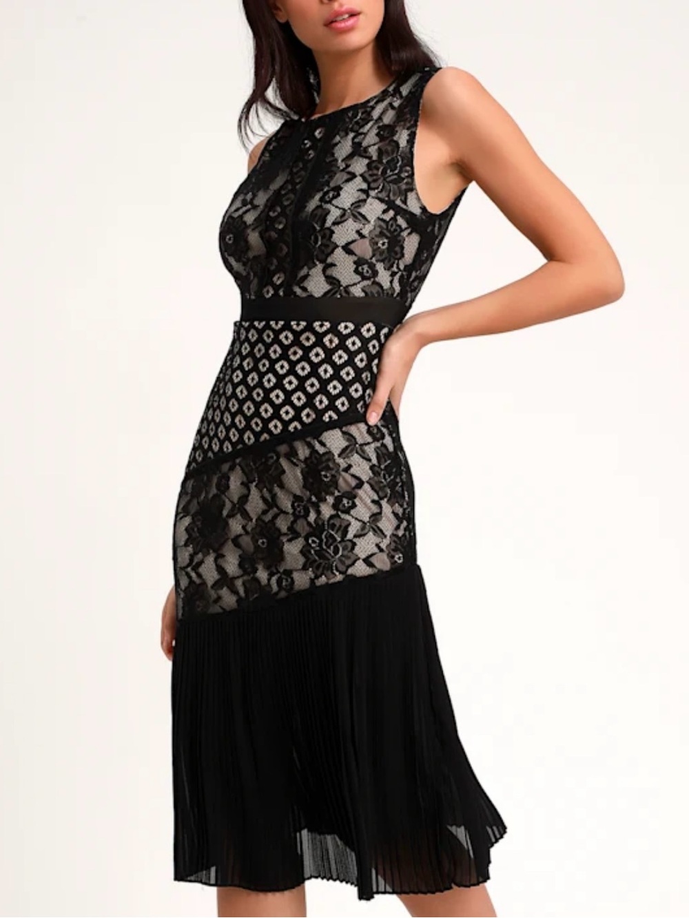 Lulu's Black Lace Sandia Mixed-Panel Midi Dress